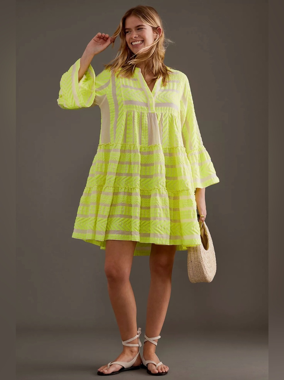 Anthropologie Devotion Twins Ella Yellow Flared-Sleeve Tiered A-Line Mini Dress
